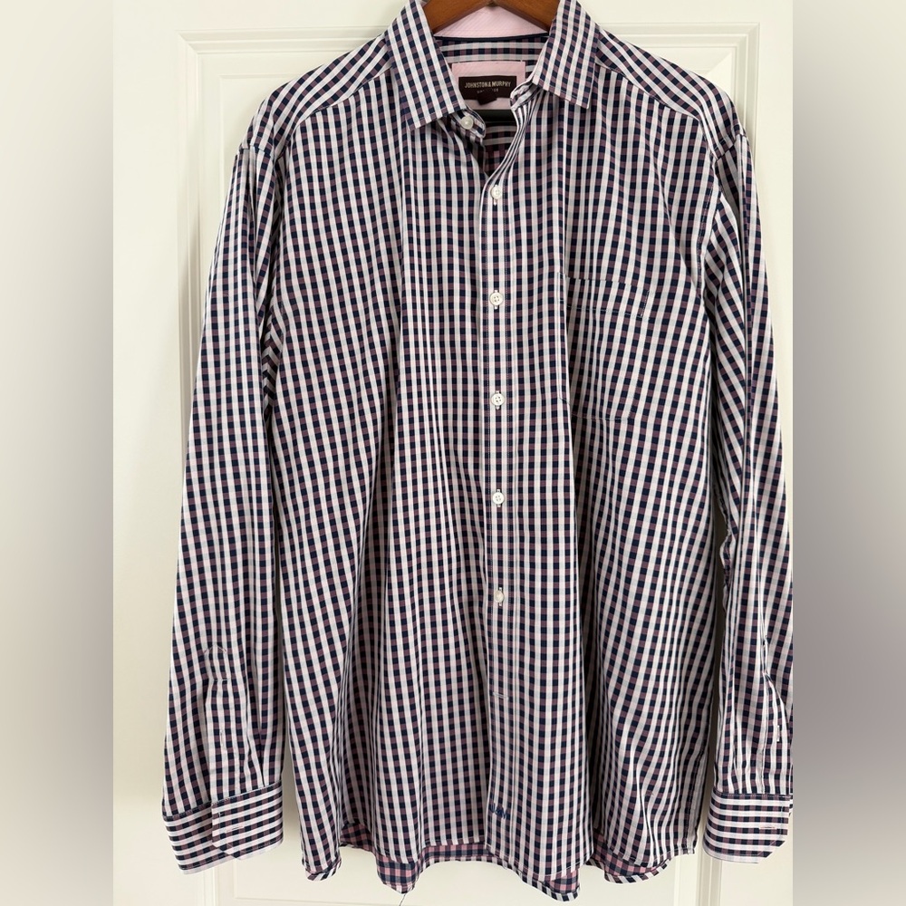 Johnston & Murphy Navy and White Checkered Shirt